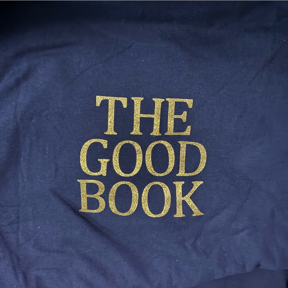 Navy Blue Tee with Gold Print on Back of Shirt